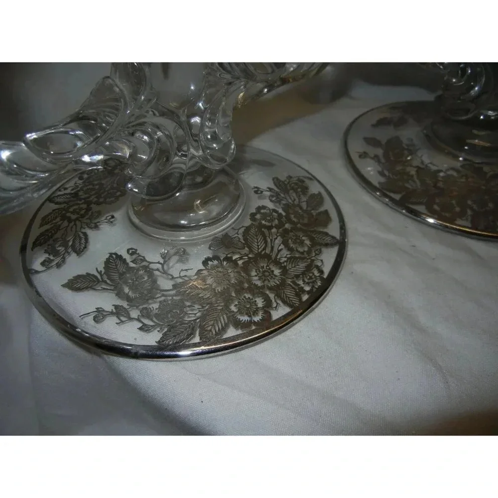 Crystal Candlestick Holder silver City Mid Century, Sterling Silver overlay